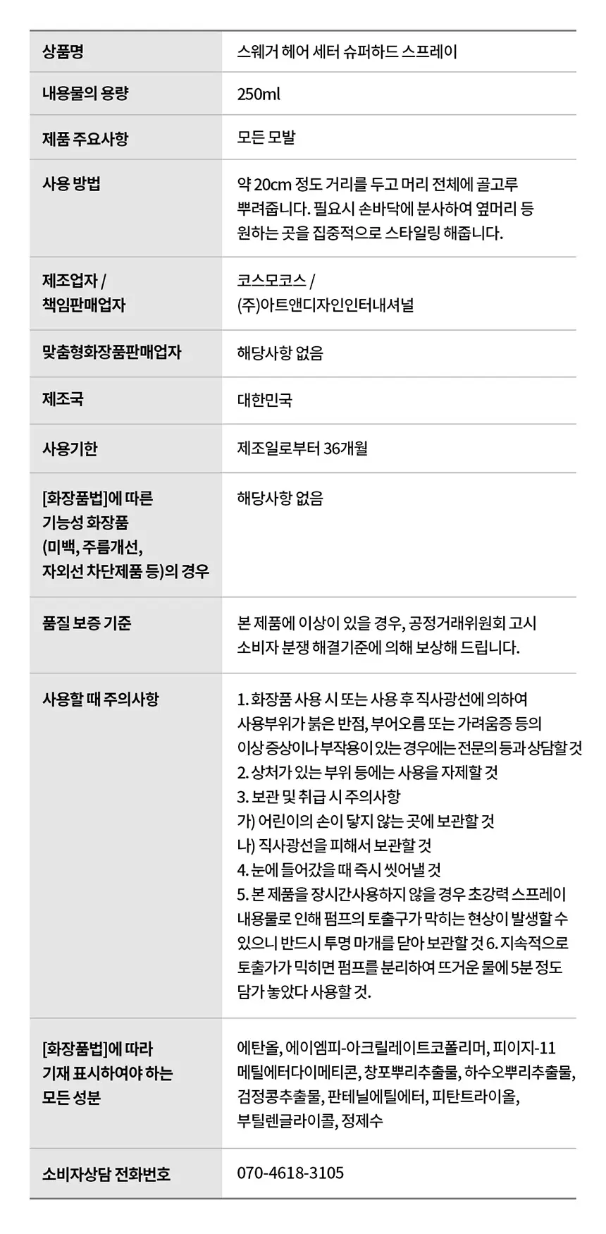 [초강력고정/대용량] 스웨거 헤어 세터 슈퍼하드 스프레이 250ml 상세페이지 13